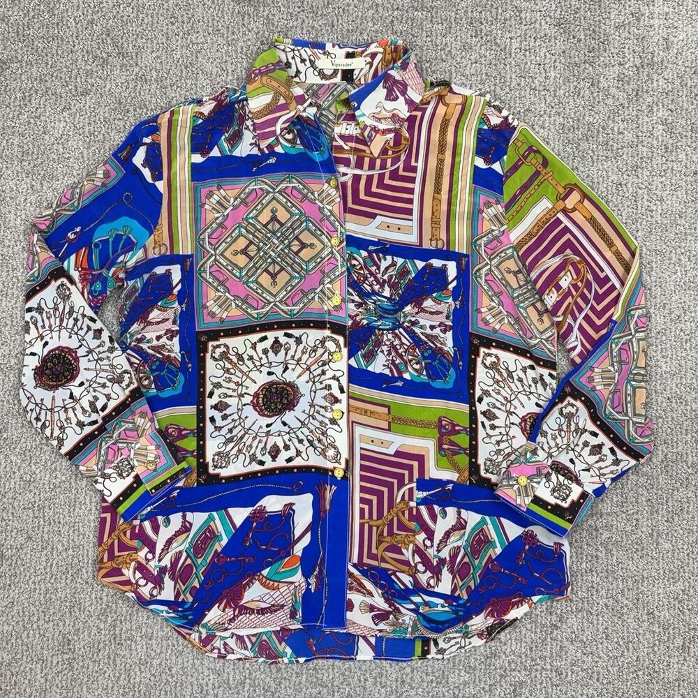 Vintage Vipavadee Shirt Womens Large Silk Equestrian Scarf Print Button Retro